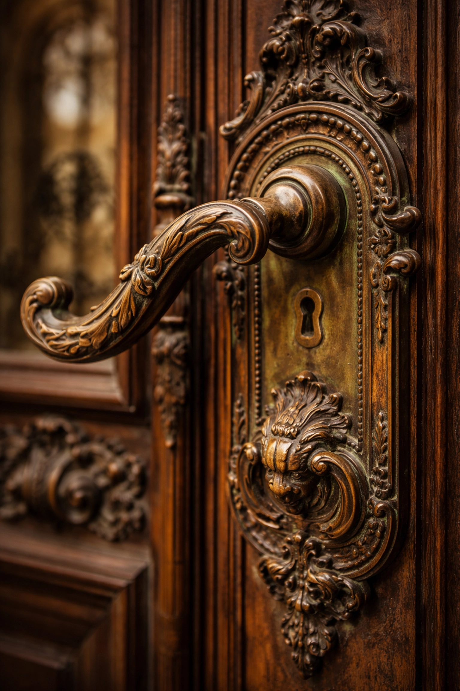 Close-up of aged bronze door hardware on a historic building showing natural patina and authentic metal aging