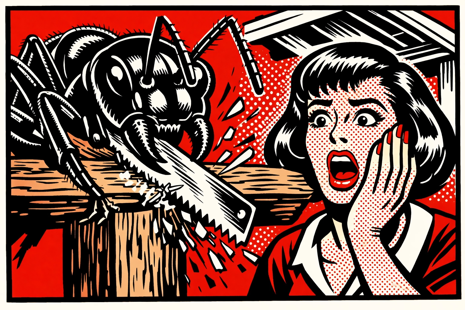 Comic art of a giant carpenter ant damaging a wooden beam, showing the need for ant control in Walker County.