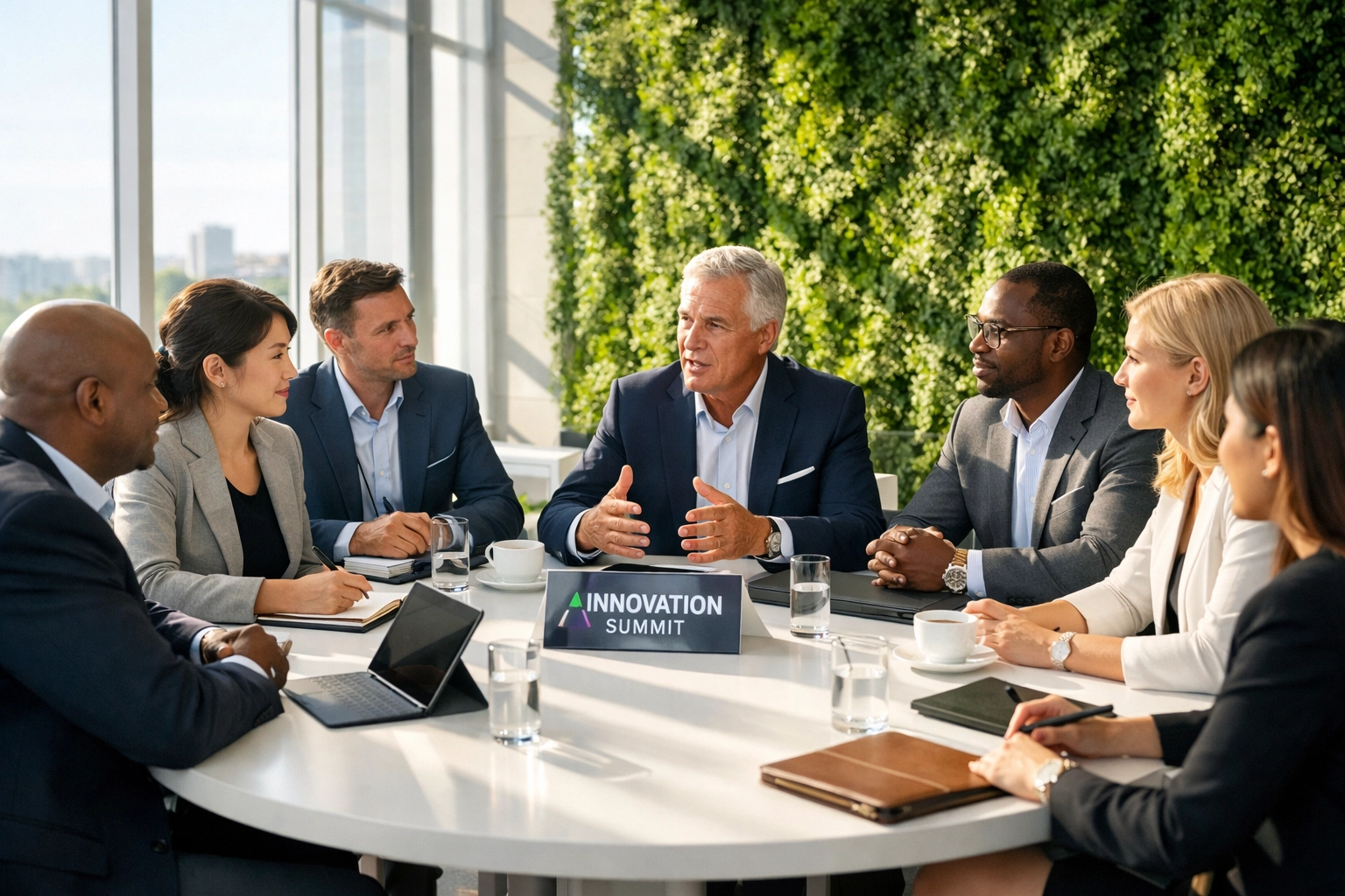 Business leaders engaging in an executive roundtable discussion at a high-tech innovation summit.