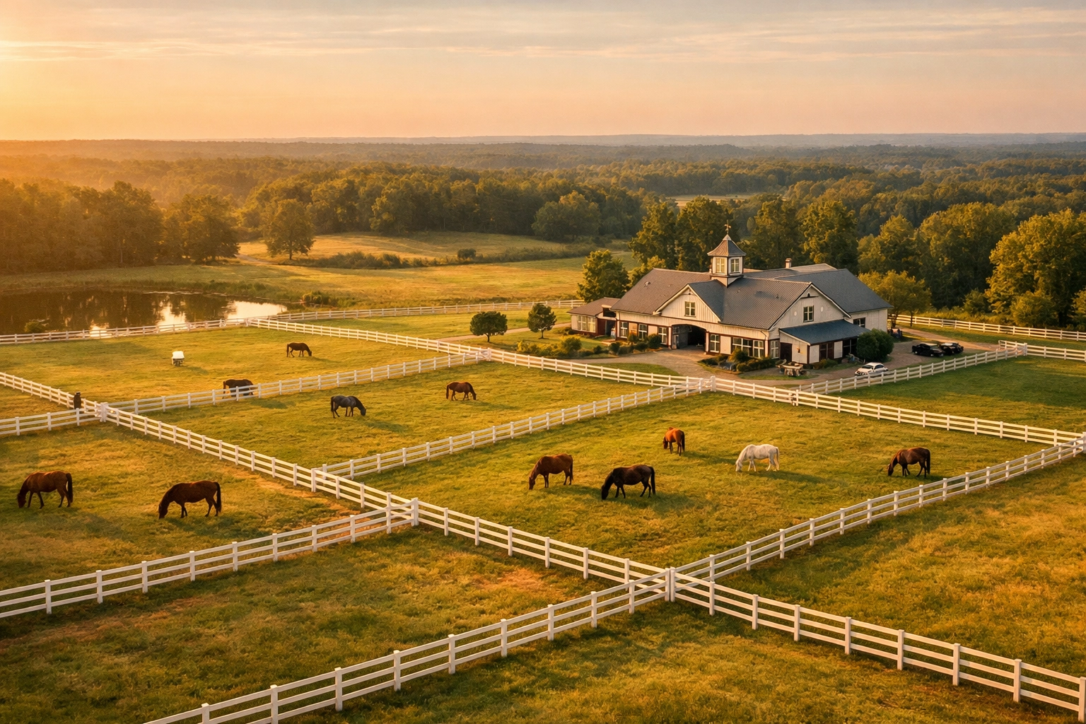 Aerial view of horse farm for sale in Waxhaw NC with fenced pastures and barn