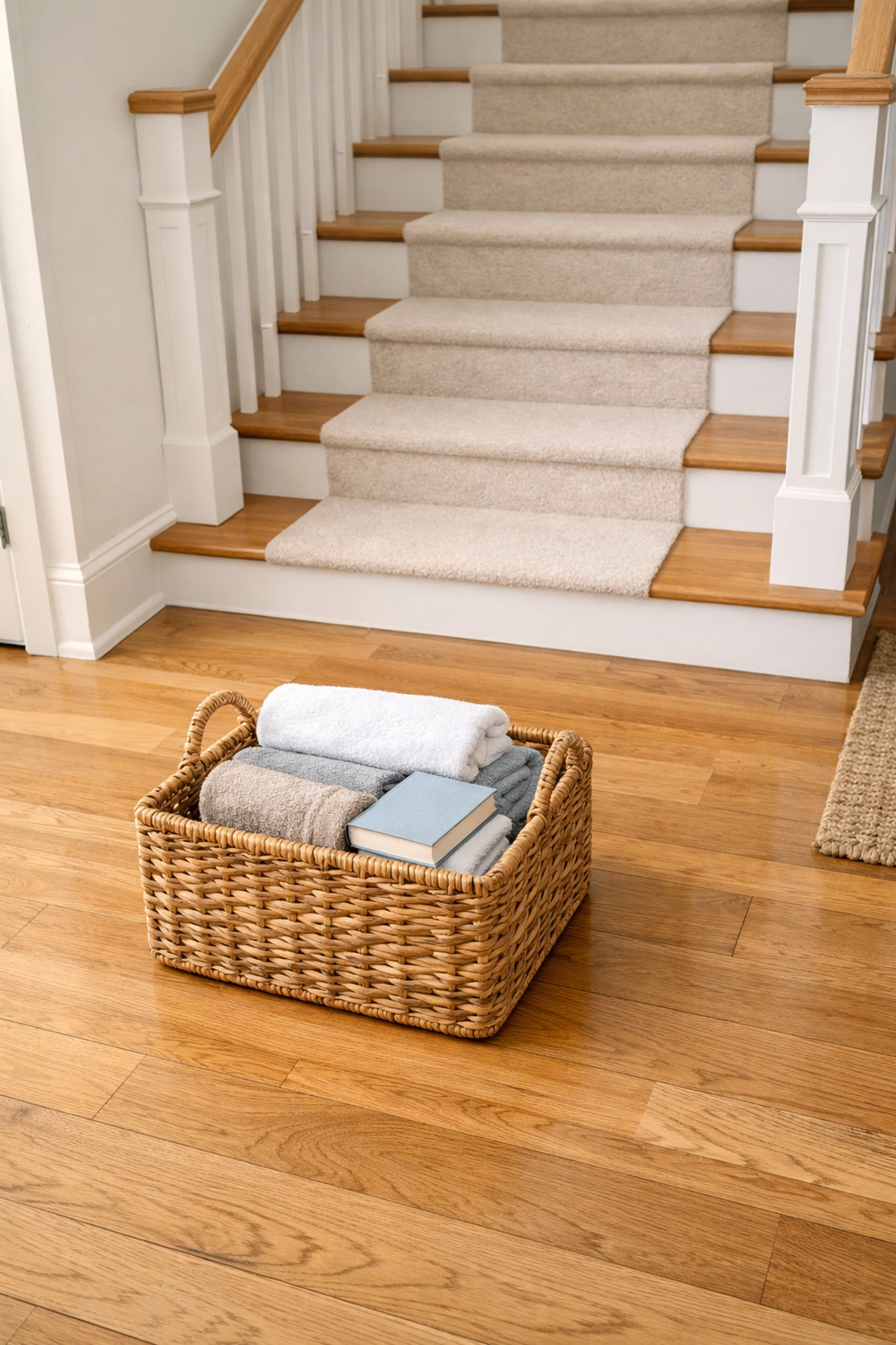 A clear staircase with a storage basket placed safely away from the bottom step.