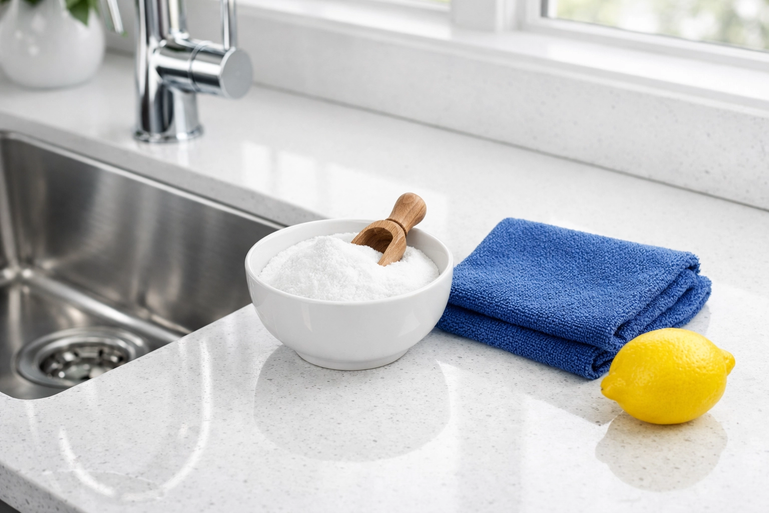 Baking soda and a microfiber cloth for eco-friendly kitchen sink cleaning and scrubbing.