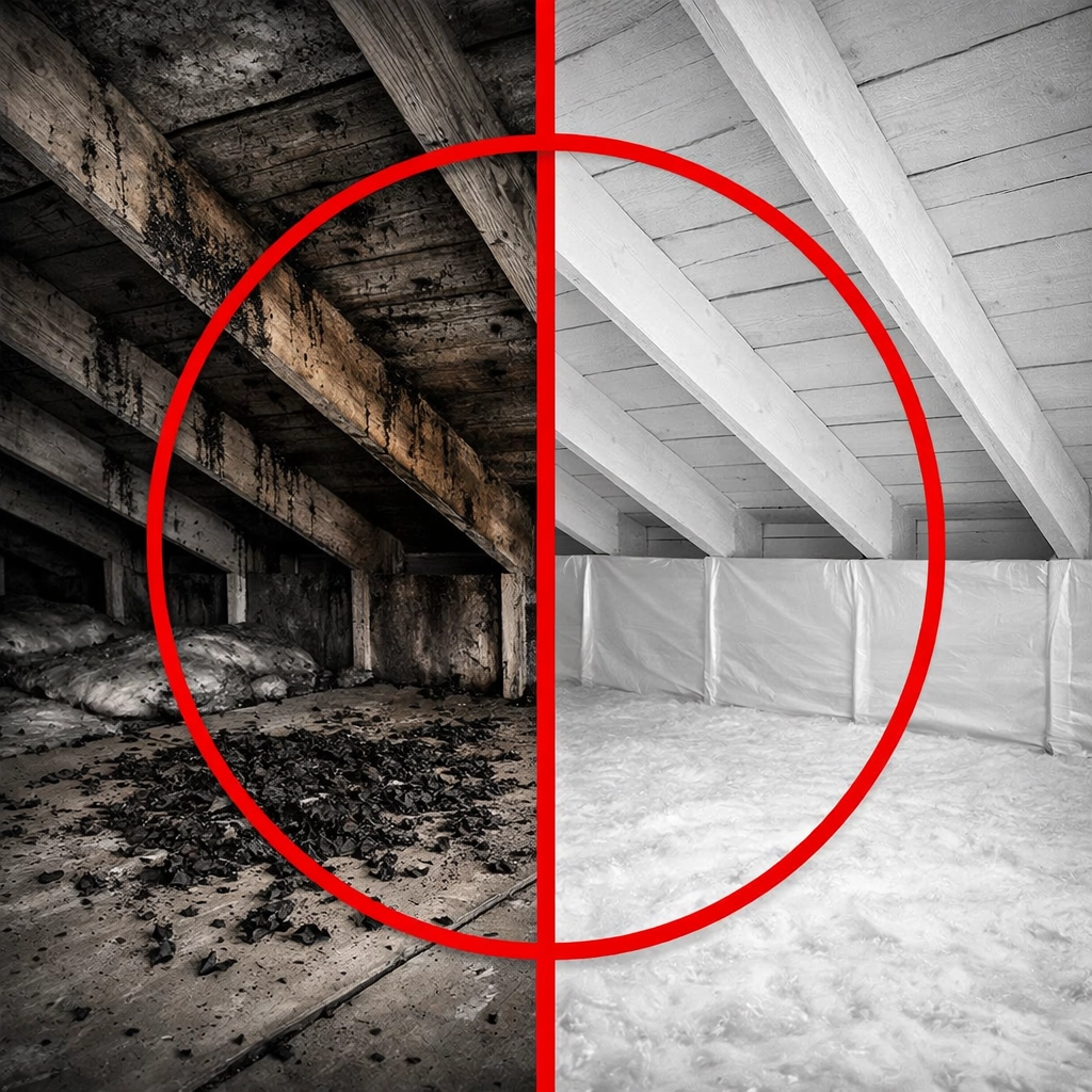 Before and after attic showing bat damage removal and professional sealing results