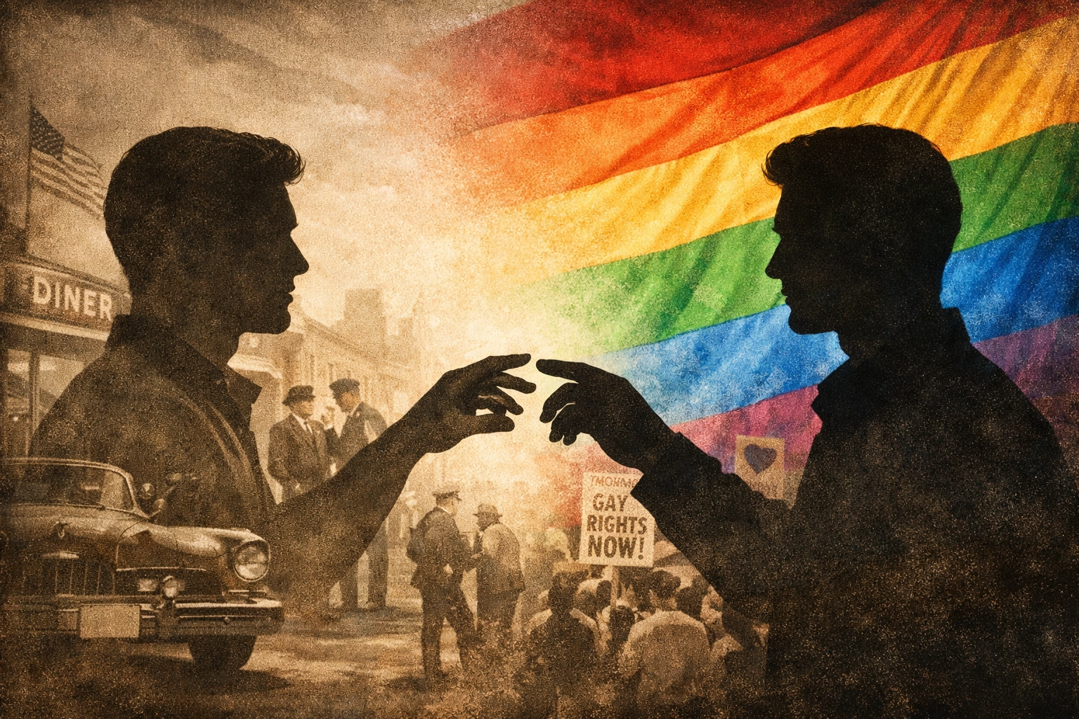 Two men silhouettes with rainbow flag symbolizing gay literature history from 1950s to today