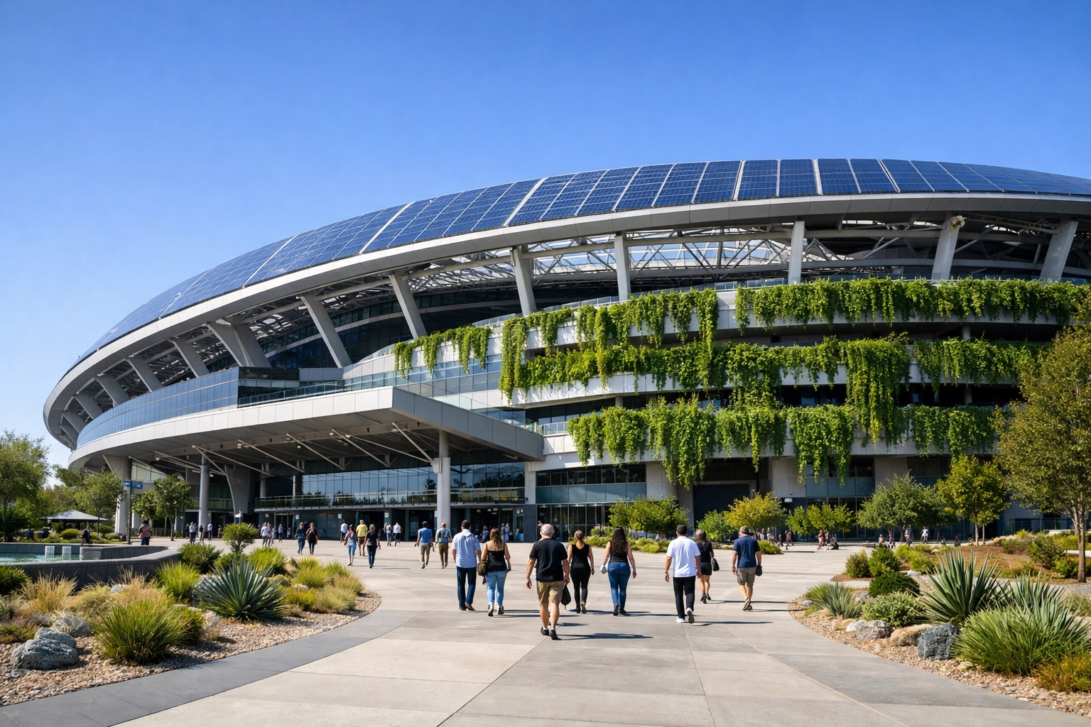 A sustainable sports stadium with solar panels highlighting eco-friendly trends in global sports industry consulting.