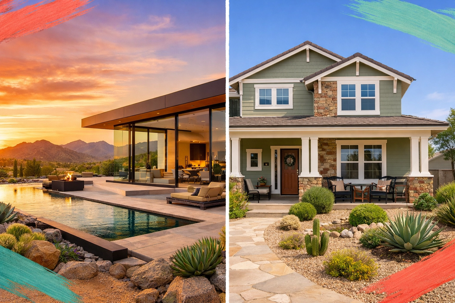 Comparison of a luxury North Peoria home and a suburban house showing Peoria real estate price variety.