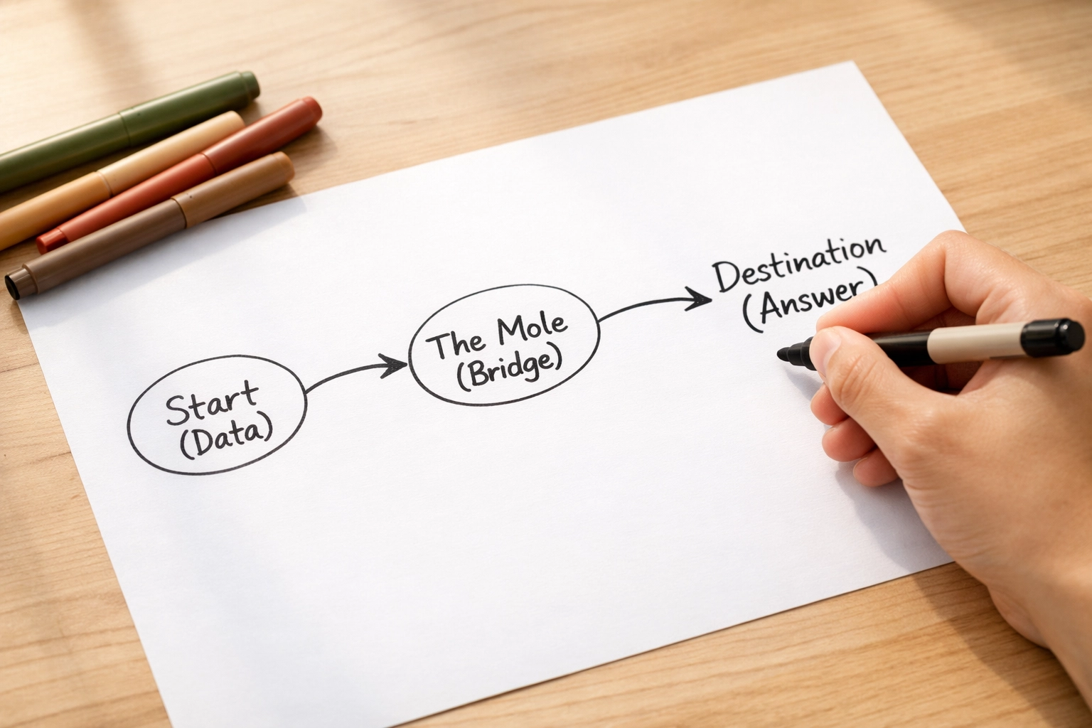Student drawing chemistry calculation roadmap showing the path from data through moles to answer