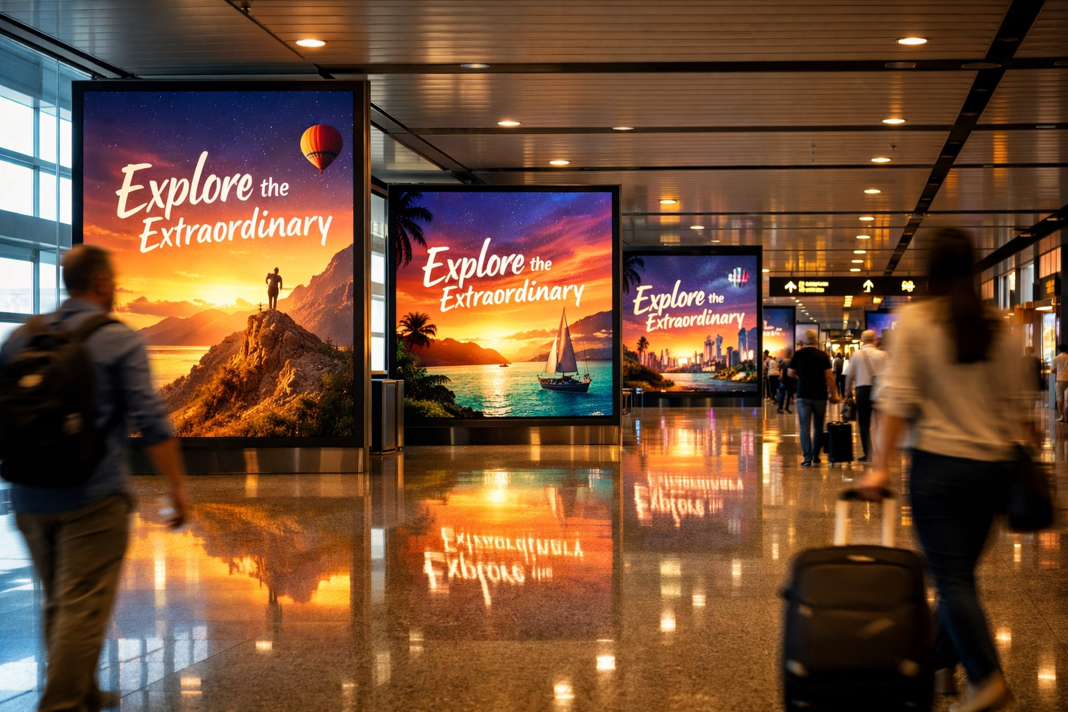 Airport terminal digital signage screens displaying coordinated brand content to travelers in transportation hub