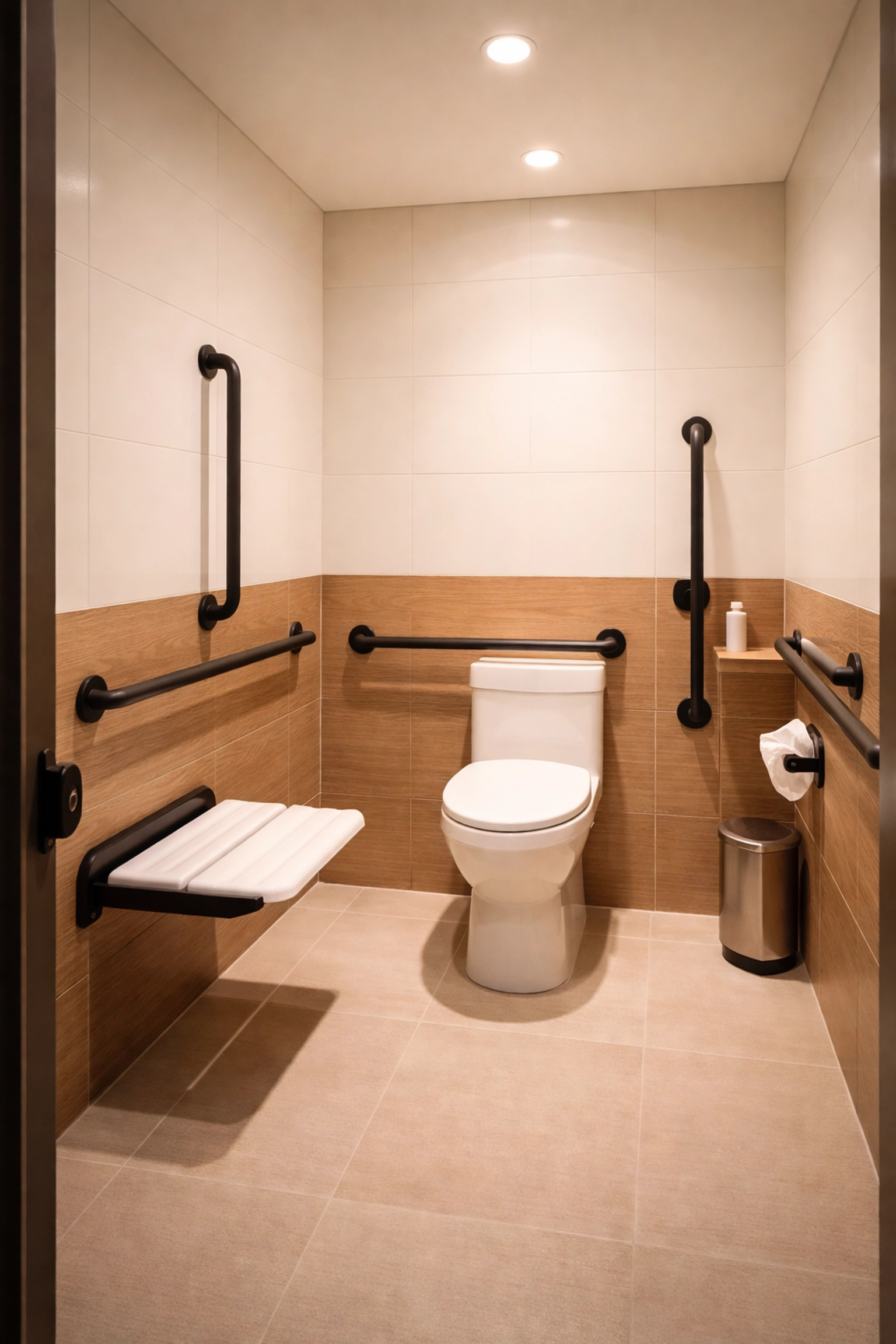 Accessible bathroom stall with matte black grab bars, fold-down seat, and ADA-compliant fixtures for commercial spaces