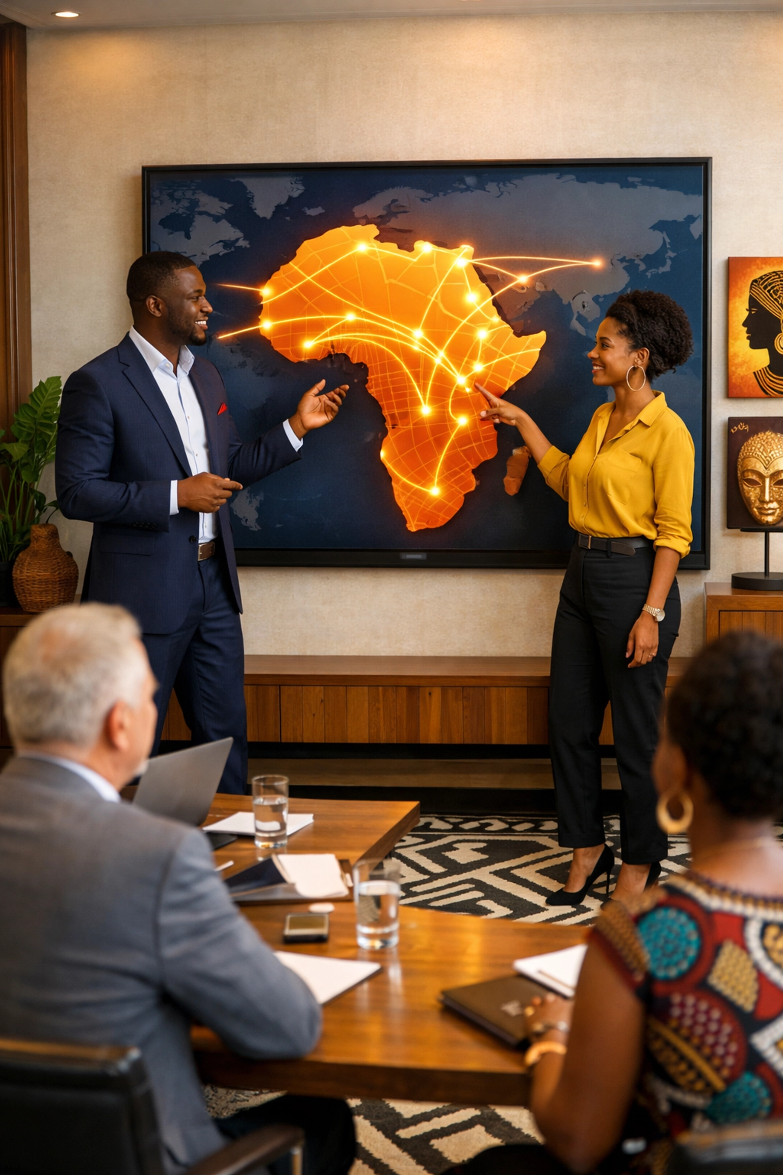 Professionals reviewing a map of Africa to optimize international trade and logistics strategy.