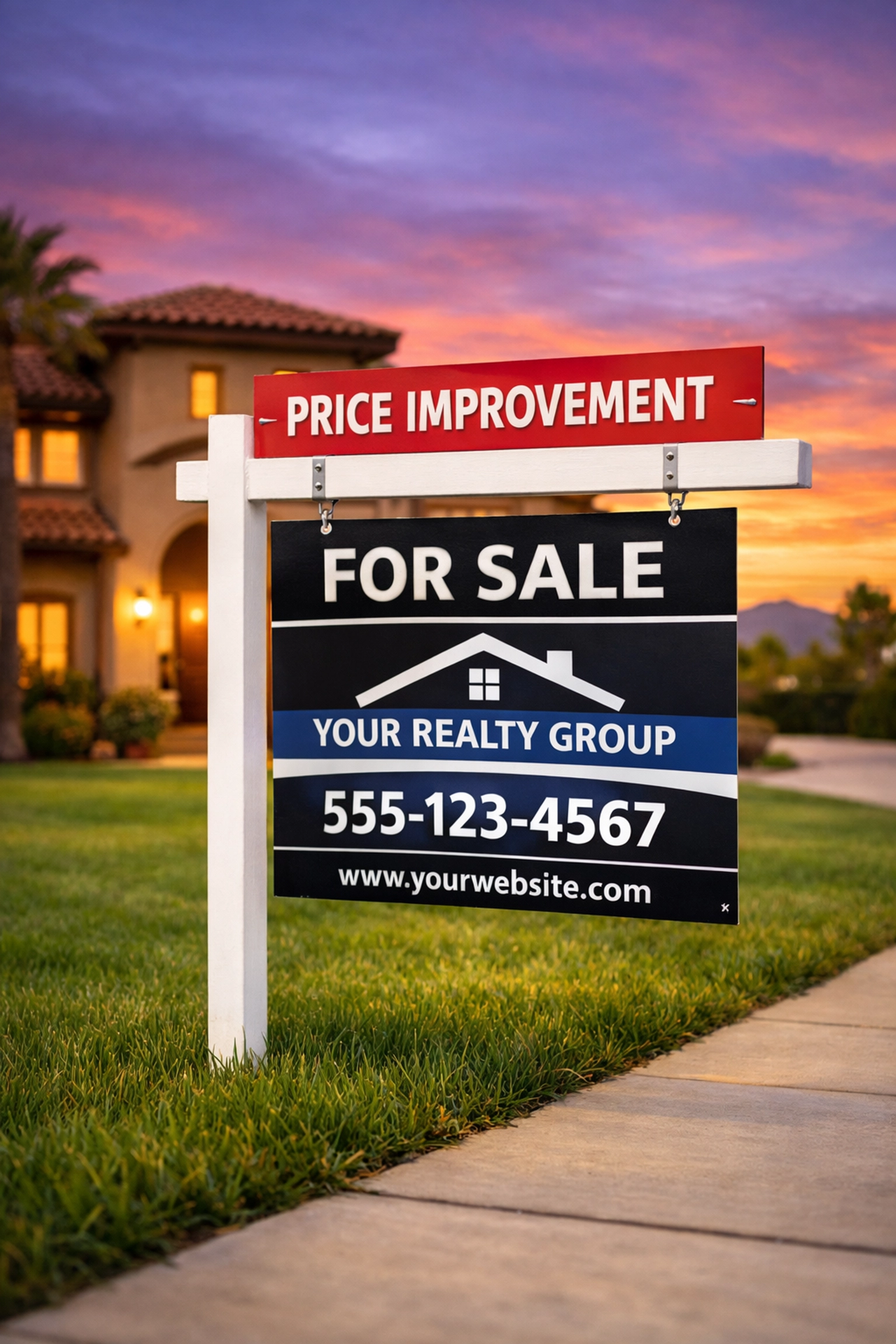 Goodyear real estate sign with a price reduction rider in front of a suburban home at sunset. Goodyear real estate sign with a price reduction rider in front of a suburban home at sunset.