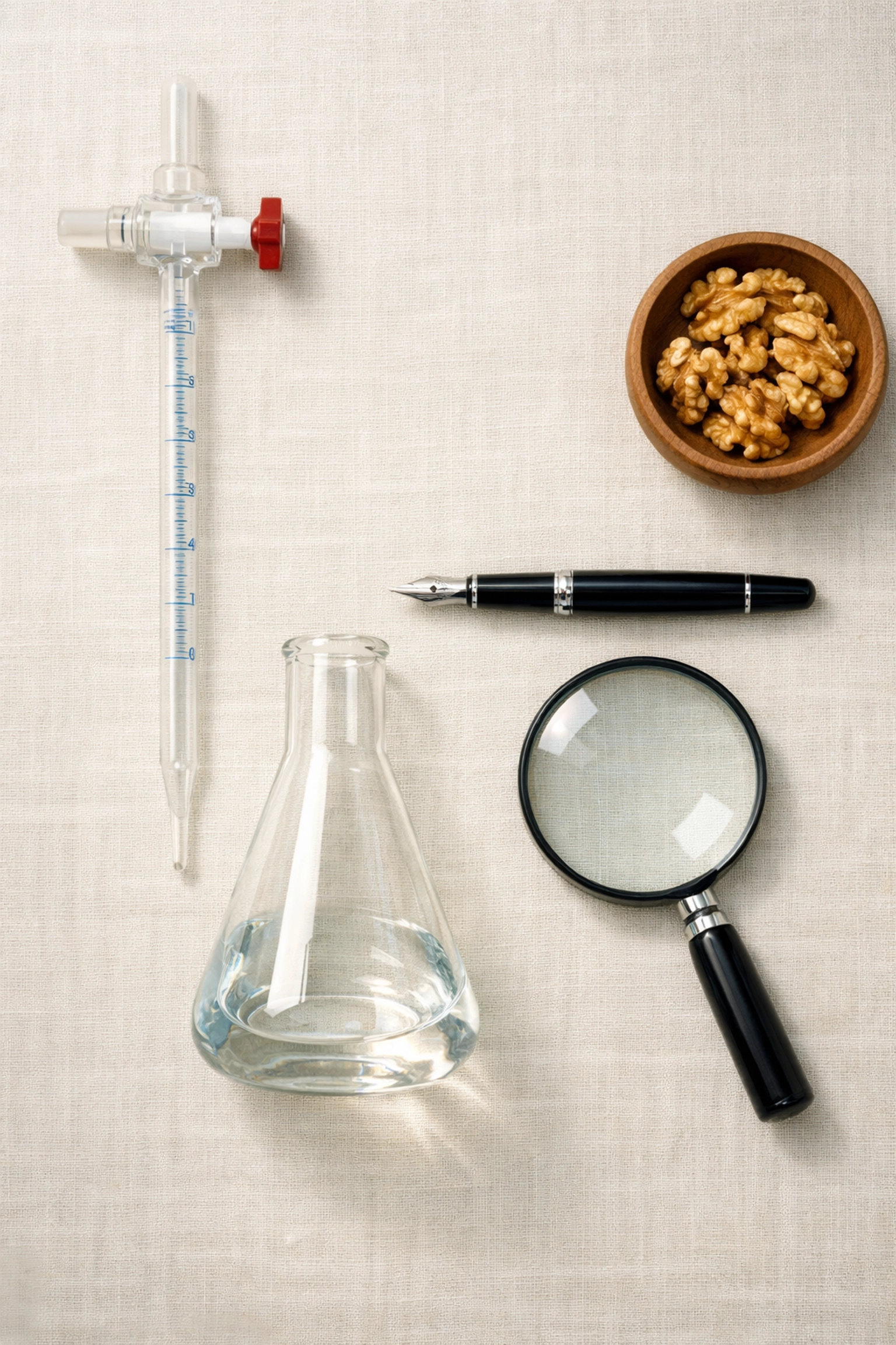 Chemistry lab equipment including a burette and flask for A-level practical theory and exam study.