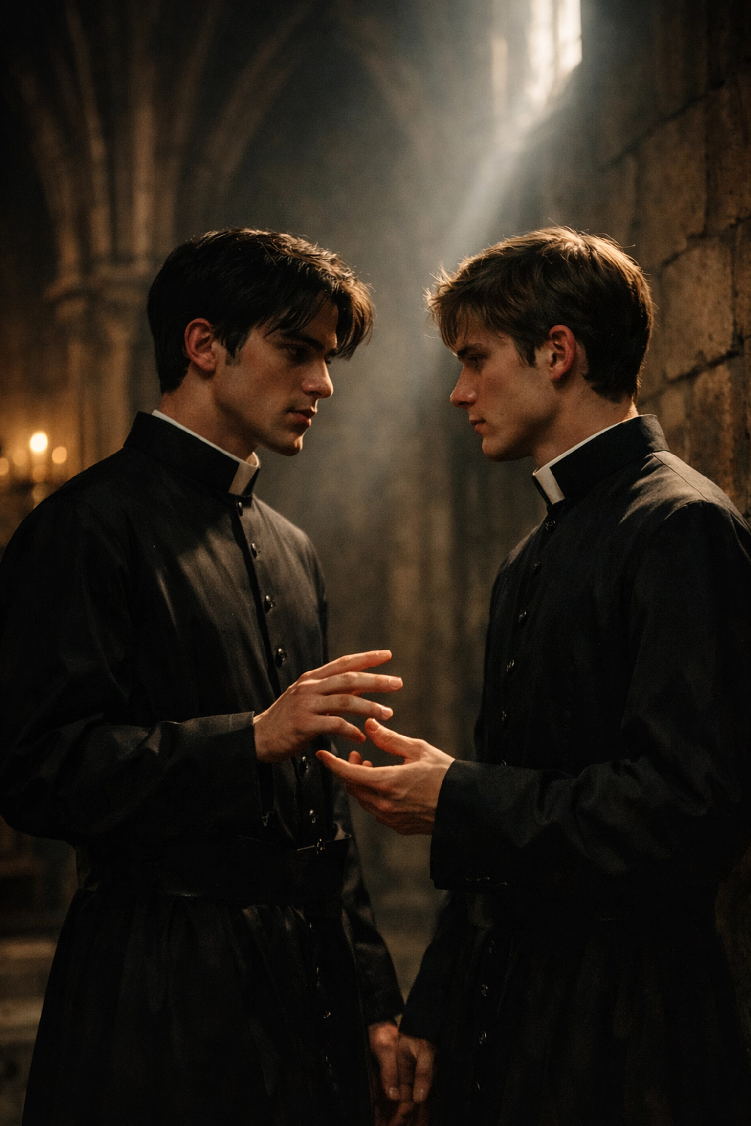 Two young priests in a cathedral corridor share a moment of forbidden tension in a Vatican secrets MM romance story.