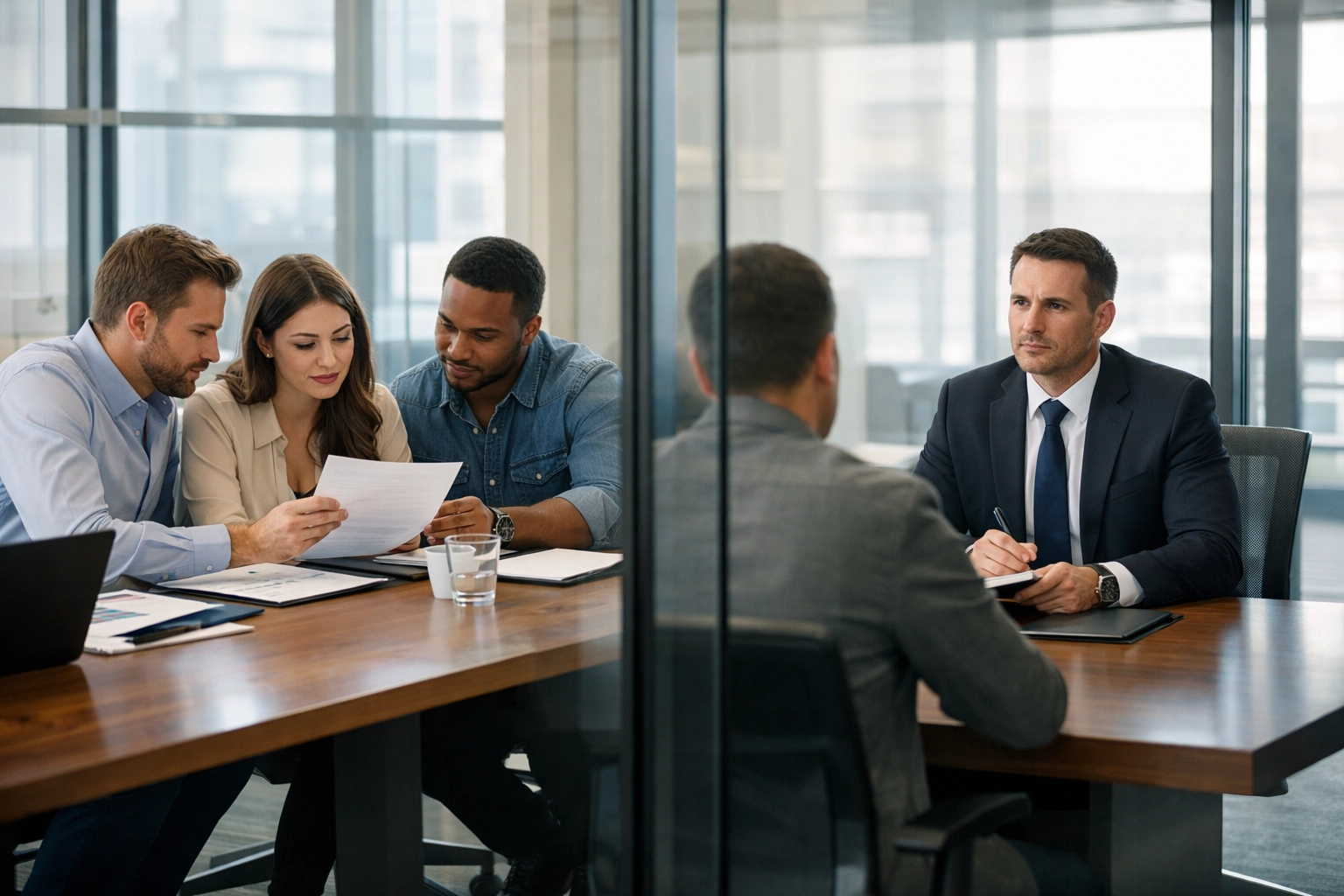 Internal investigation team reviewing documents versus external investigator in corporate office