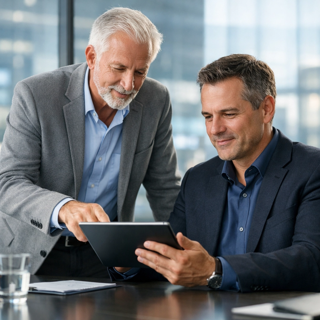 A ServiceNow consulting expert and executive reviewing an ESG management strategy for outcome-based ROI.