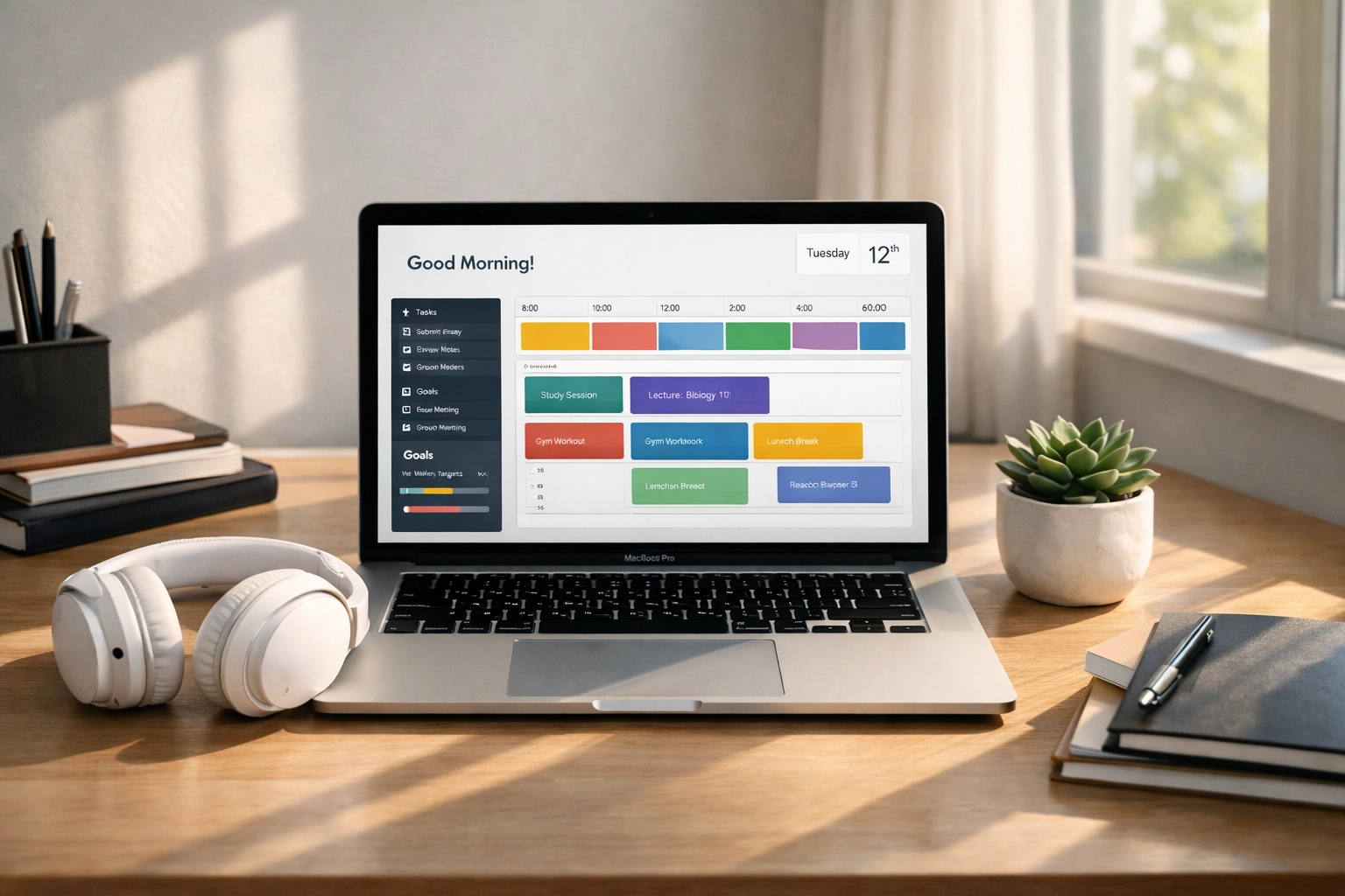 Minimalist student workspace with a laptop displaying an AI-powered academic dashboard.