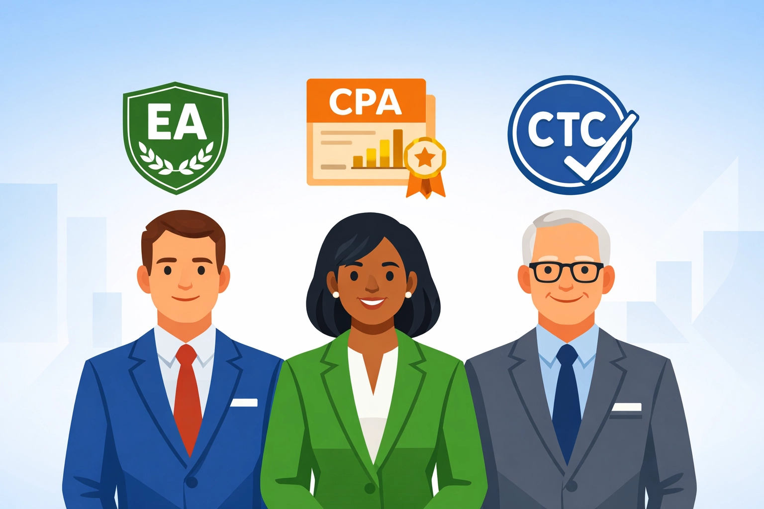 Three certified tax preparers in New Haven displaying professional credentials and certifications