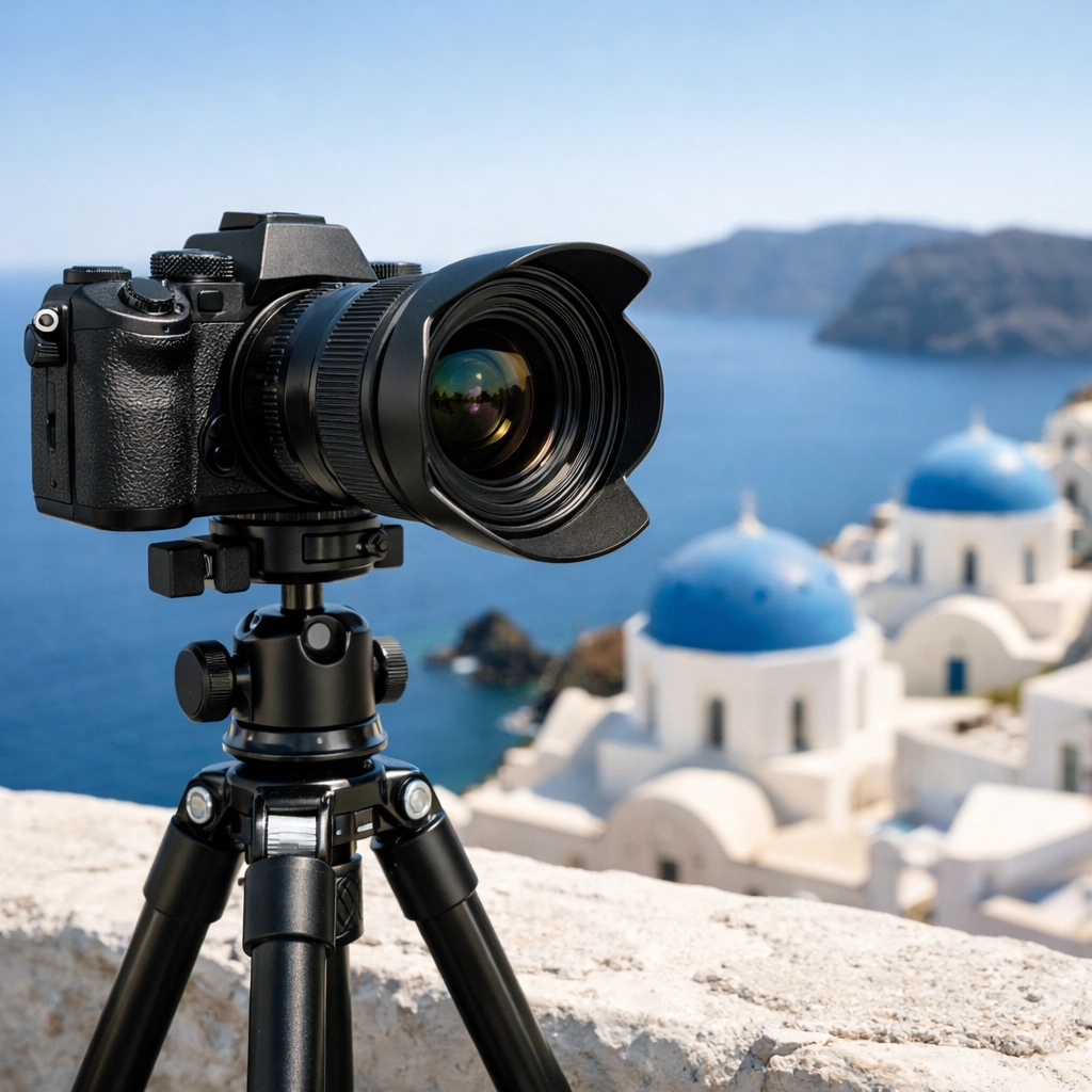 Professional camera gear set up to capture the best photography locations across the Santorini caldera.