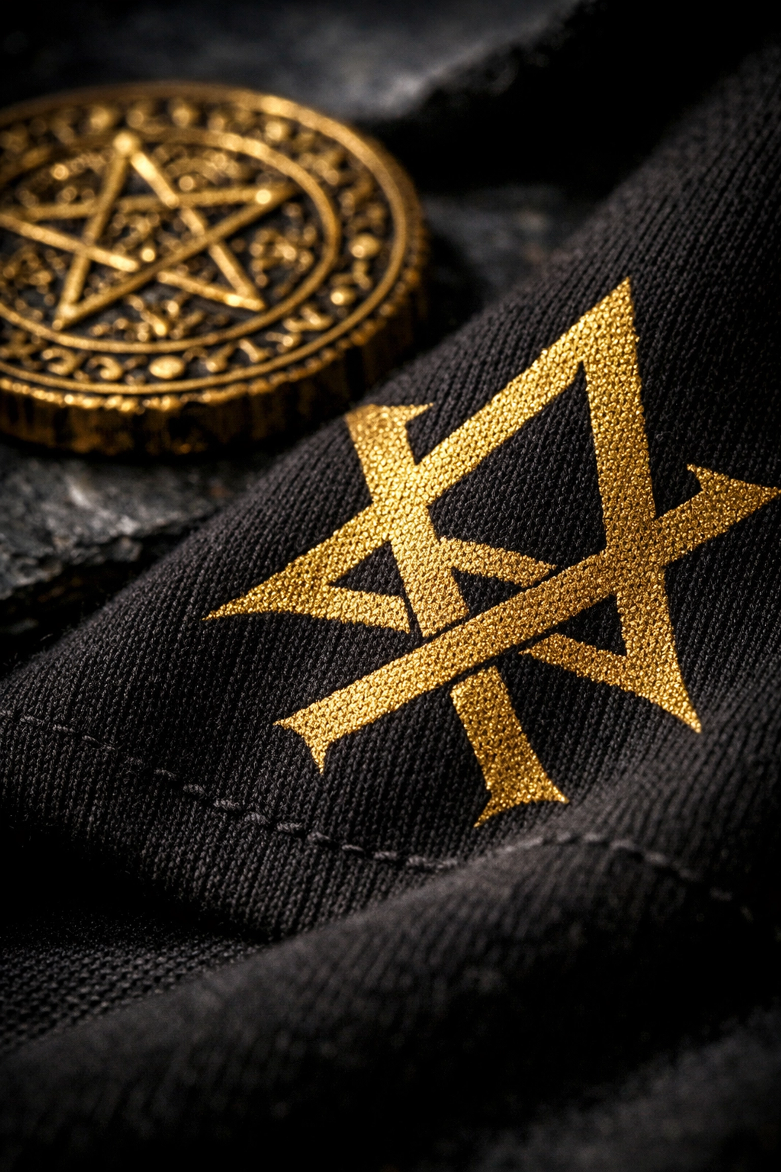 Detailed view of an official Sleep Token screen-printed rune on a premium black hoodie.