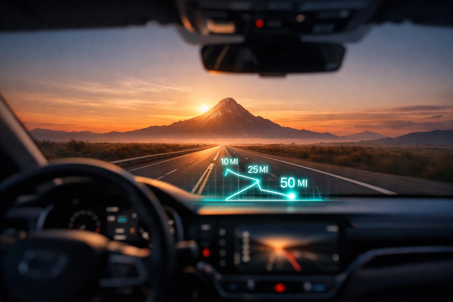 Dashboard view of a highway with three mile markers representing business objectives and key results for goal setting.