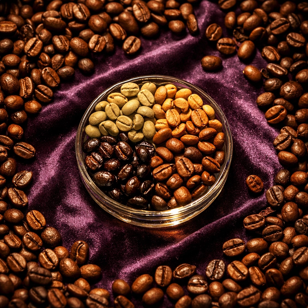 Premium coffee beans showing roast progression from light to dark stages