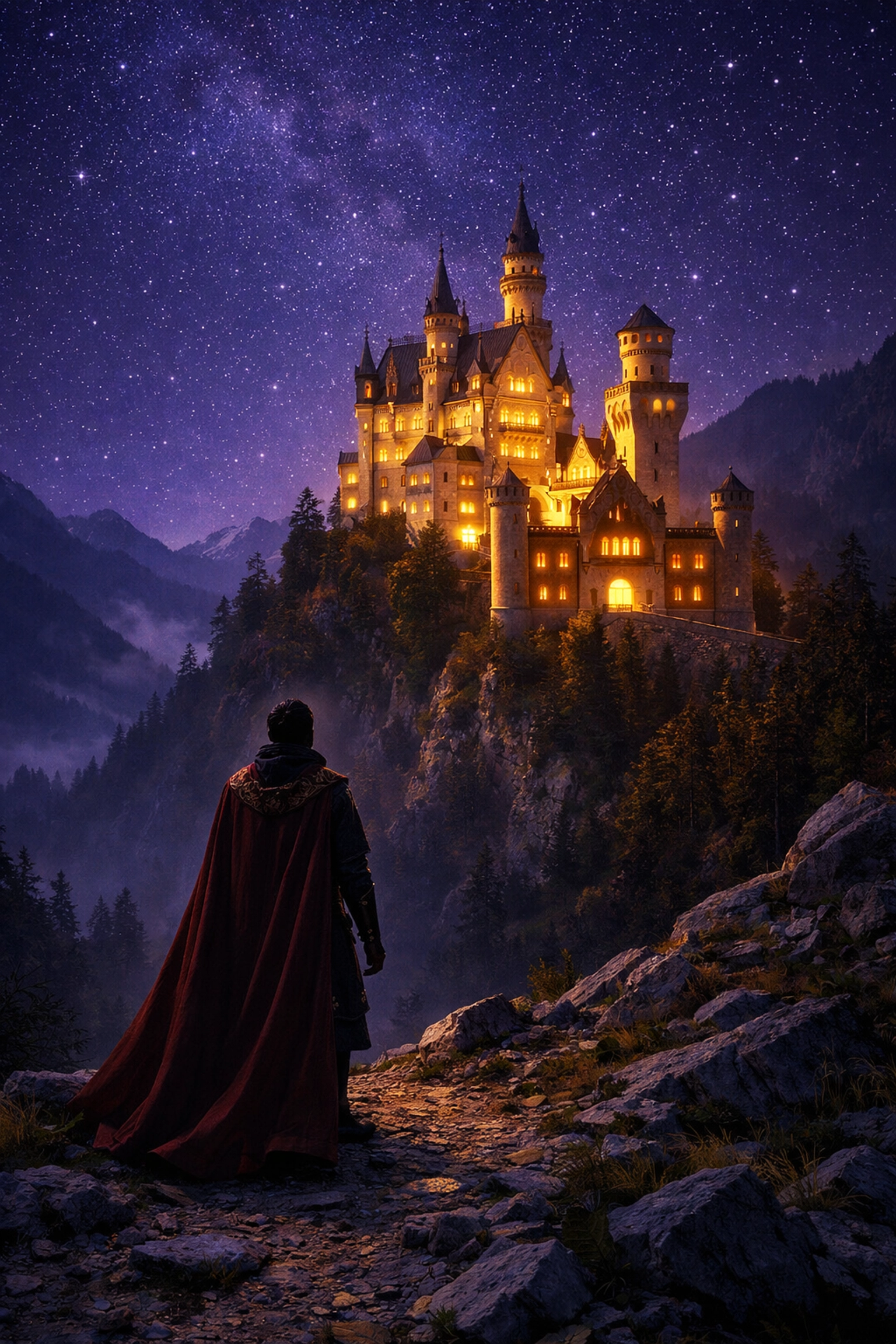 Neuschwanstein Castle illuminated at night with lonely King Ludwig II gazing up from below