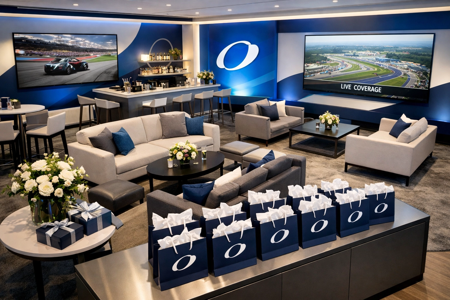 Branded corporate hospitality lounge with premium amenities and event displays