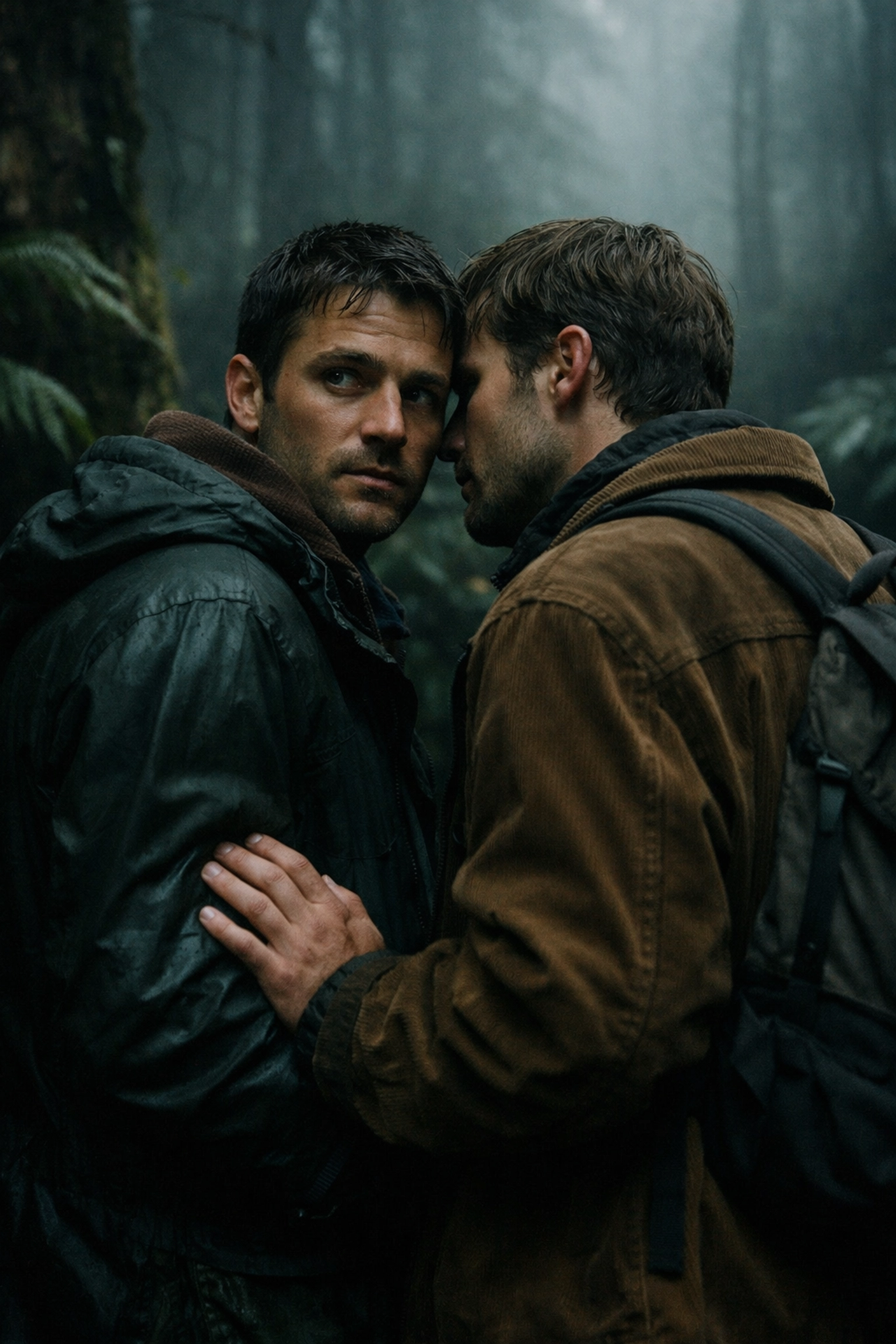 Two men share a secret moment in a Tasmanian forest, reflecting the tension in MM historical romance books.