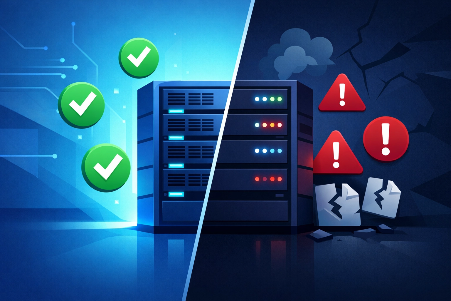 Comparison of successful backup system versus failed backup with warning symbols