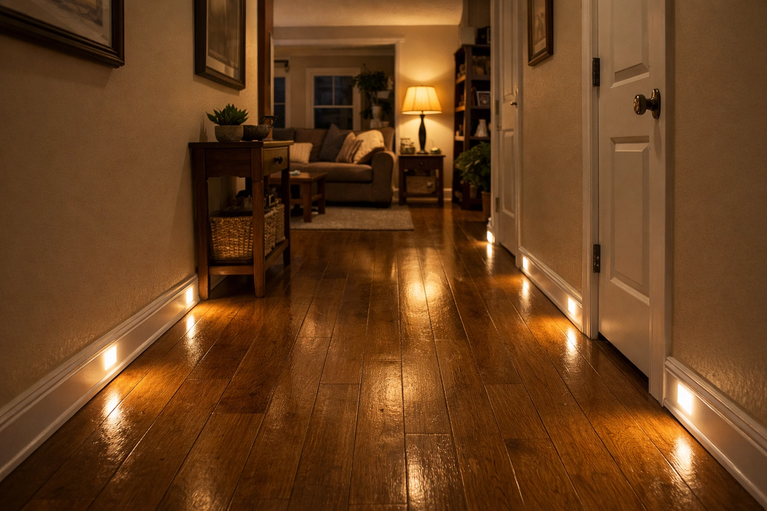 Motion-sensor LED lights illuminating a clear hallway path to prevent falls at night.