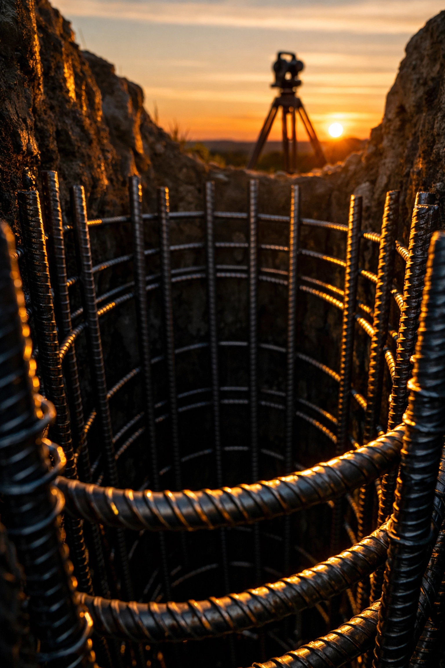 Steel rebar cages inside a deep piled foundation for structural support on a construction site.