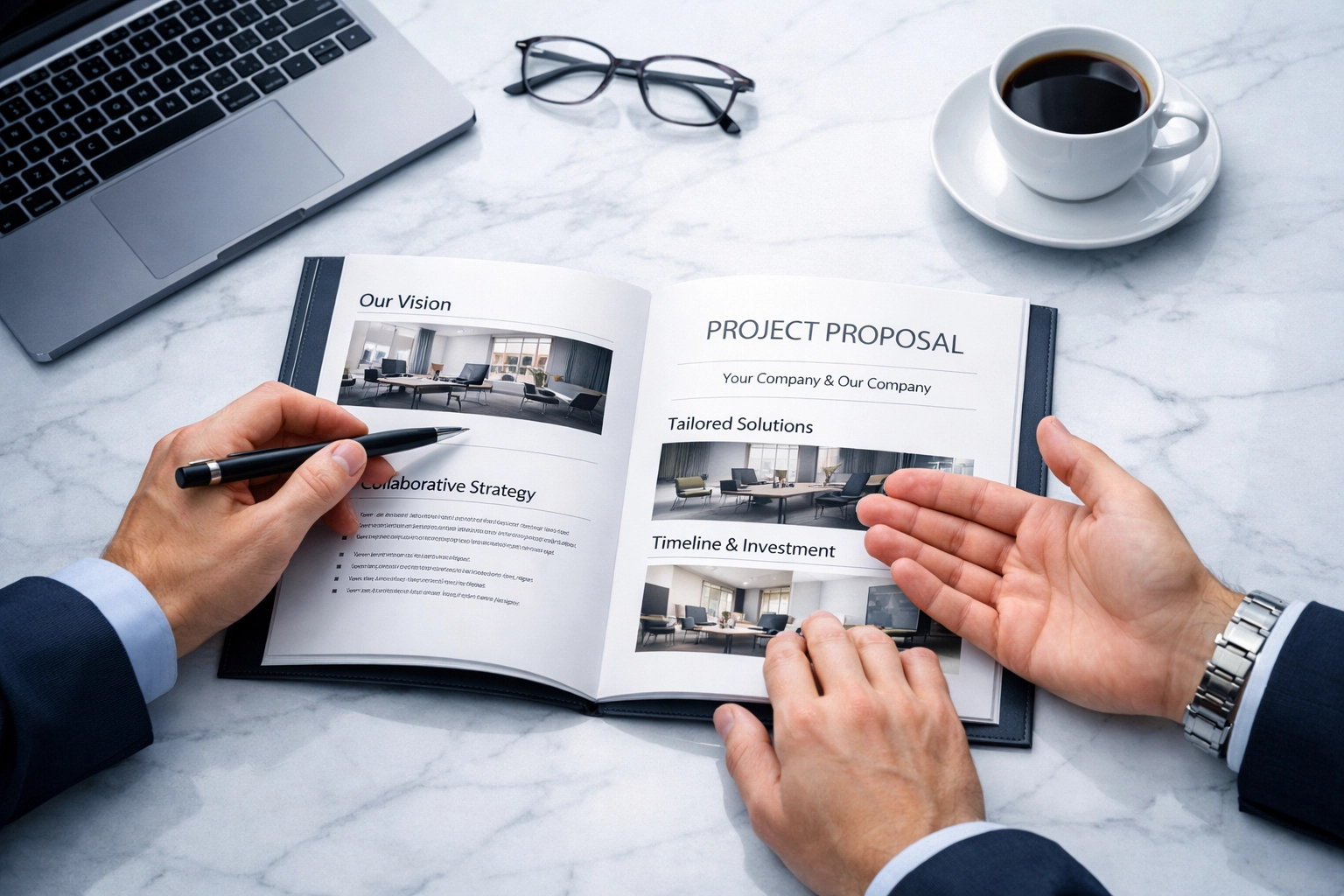 Close-up of professionals collaborating on a bespoke project proposal to build client value and trust.