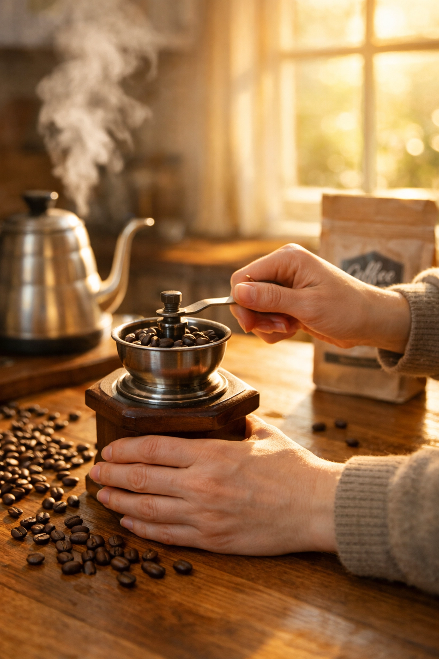 Hands grinding fresh coffee beans in a manual grinder for home brewing