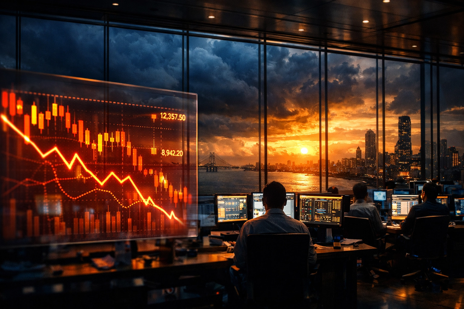 Financial news India: Stock market charts showing a downward trend during geopolitical tension in Mumbai.
