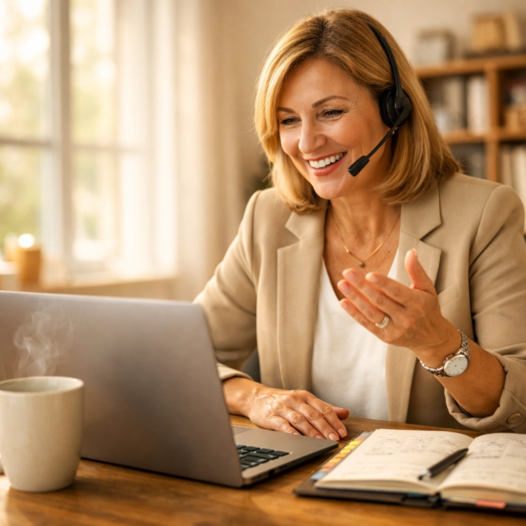 An accounting consultant on a video call discussing financial reports and business bookkeeping.