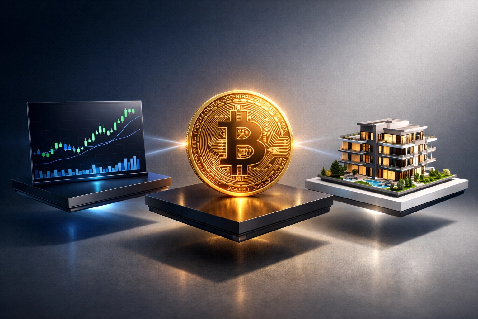 Three-pillar portfolio diversification showing equities, Bitcoin, and real estate investments