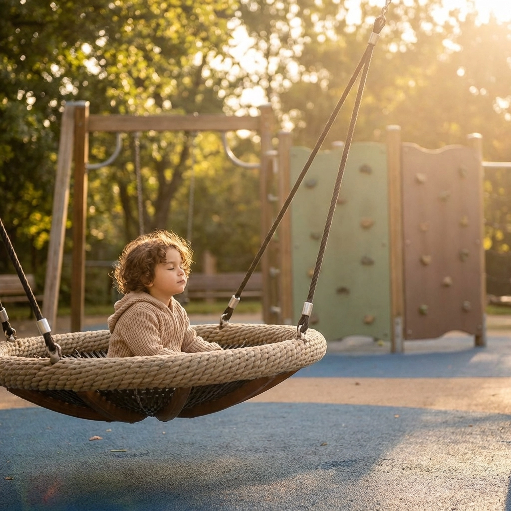 Child on a cozy swing at a sensory-friendly playground with soft surfaces and calming colors at sunset
