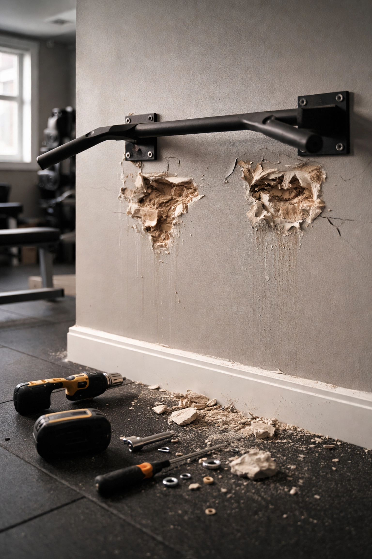 Damaged drywall in a home gym from failed pull-up bar installation highlighting risks of wall-mounted equipment