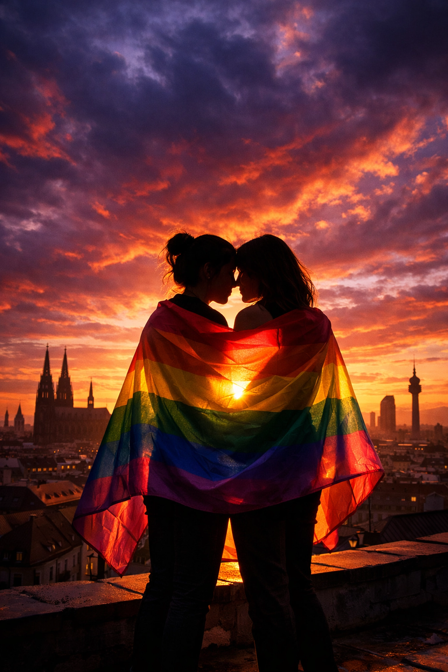 Lesbian couple silhouetted with a pride flag at sunset, honoring the global Pride legacy.