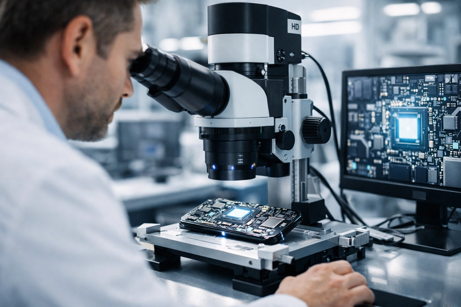 Tech researchers developing advanced smartphone components and high-capacity battery technology in a modern laboratory.