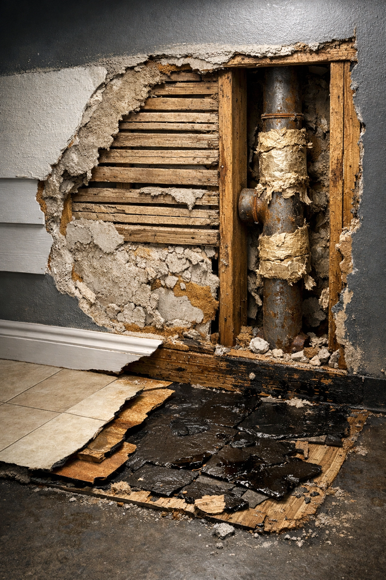 Cutaway showing hidden asbestos-containing materials behind walls and under floors discovered during an inspection.