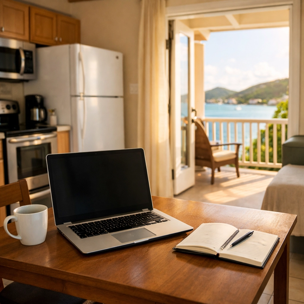 Cozy St. Thomas guesthouse studio with a full kitchen and harbor view, ideal for corporate travelers in the usvi.