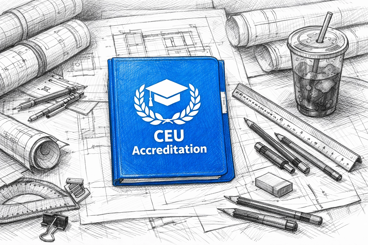 Architect drafting table with blueprints and a highlighted blue CEU accreditation folder.