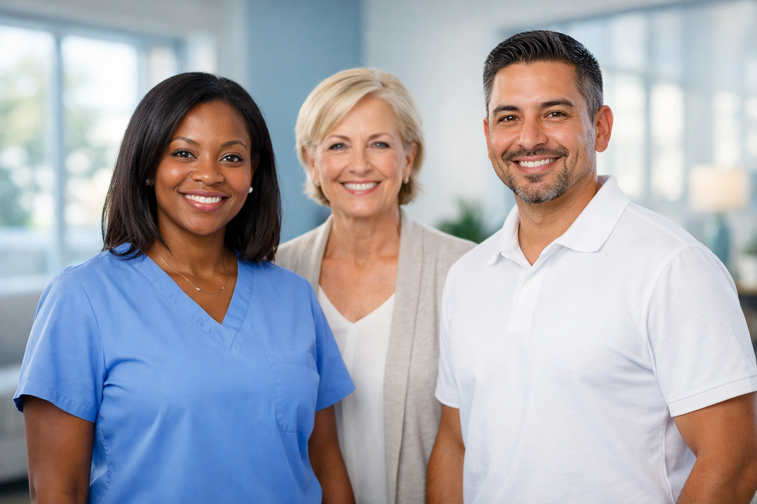 Diverse team of professional licensed caregivers in a bright Northern Virginia home care office.