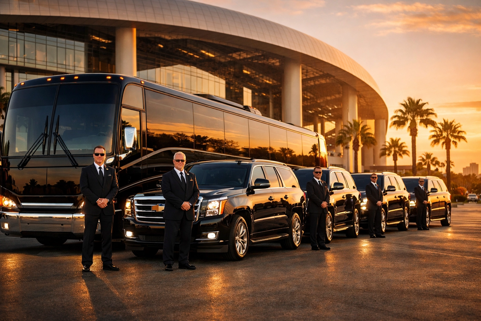 Luxury transportation fleet with chauffeurs outside Super Bowl stadium for corporate guests
