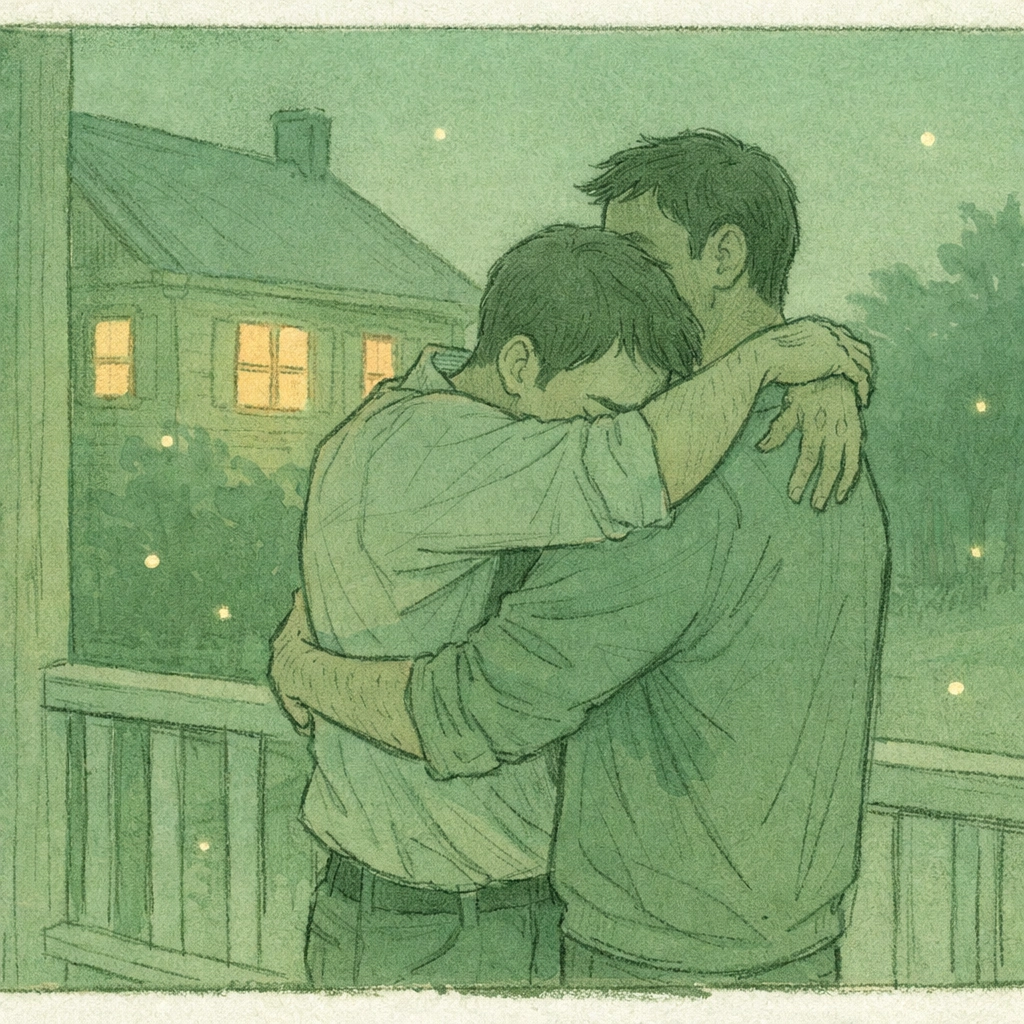 Emotional gay romance reunion embrace between two men on summer house porch at twilight