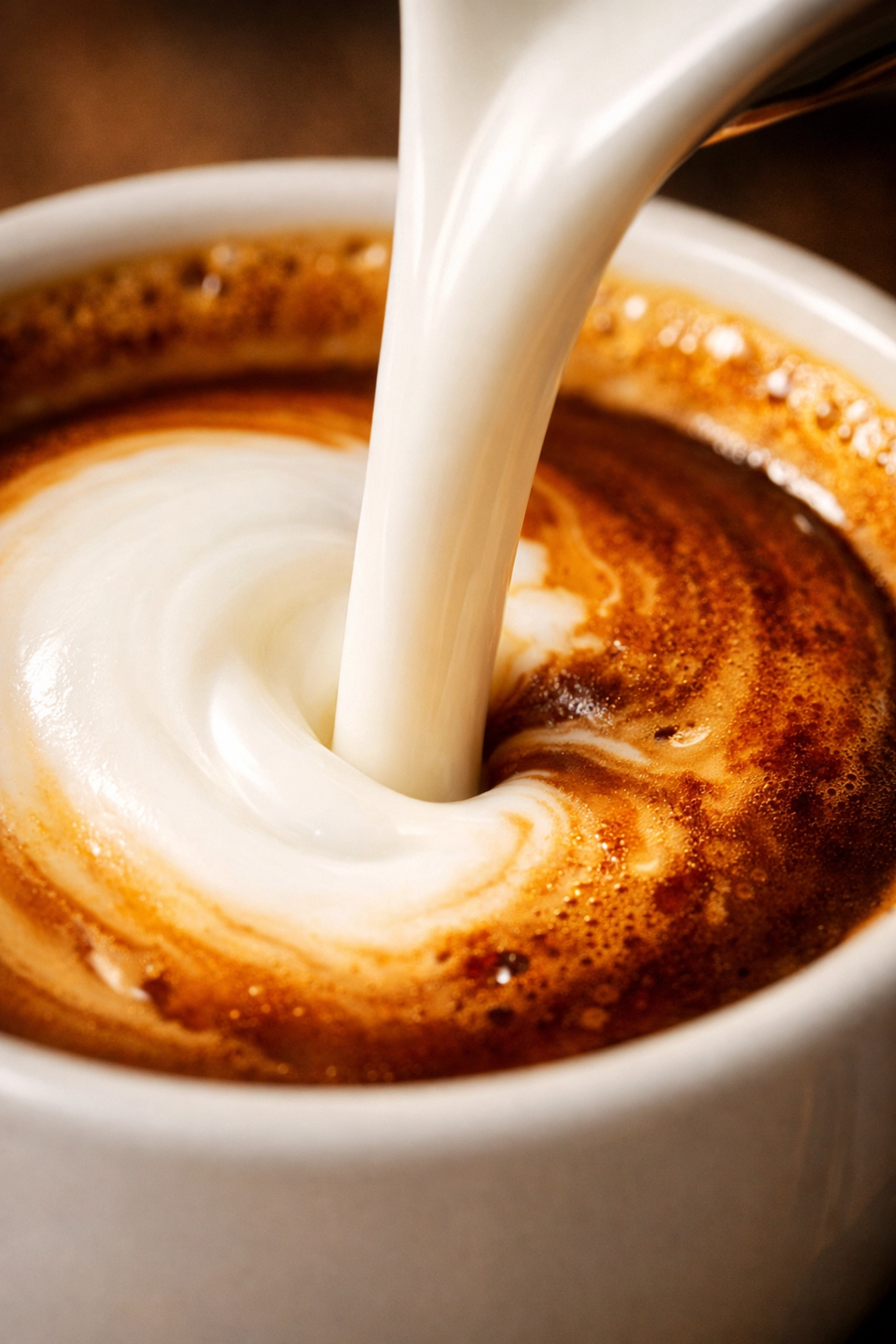Macro view of pouring milk into a latte with rich crema, emphasizing consistent coffee quality.