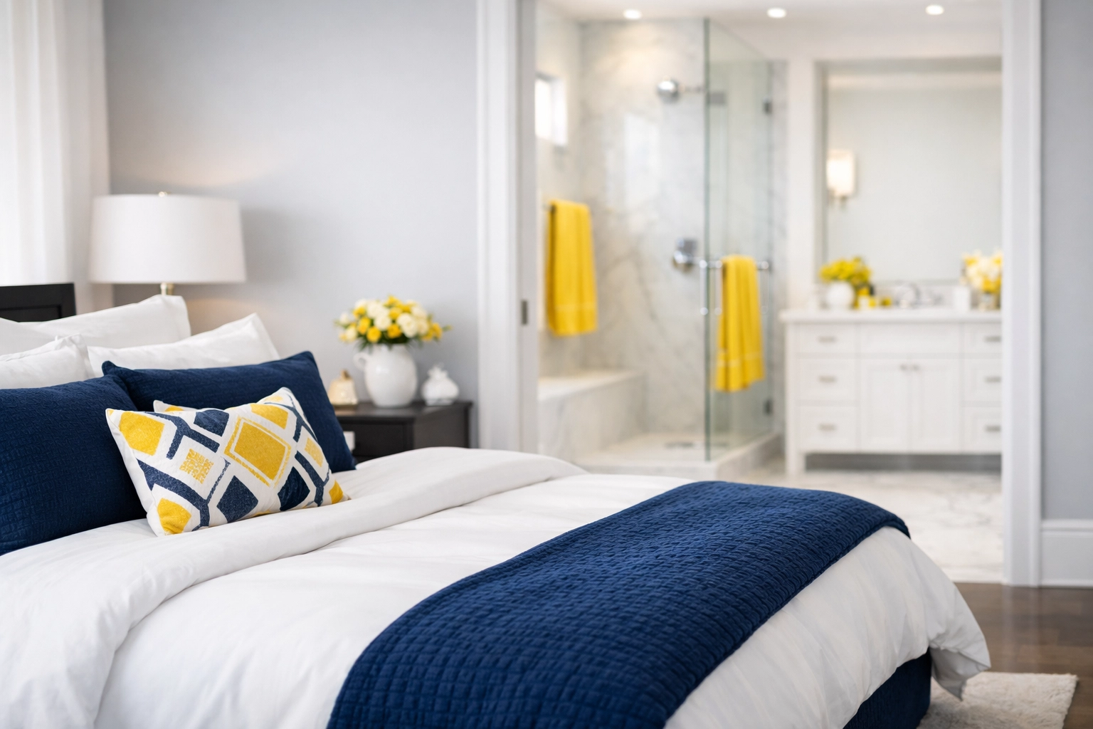 Meticulously organized master bedroom and bathroom from professional House Cleaning Townsend MA.