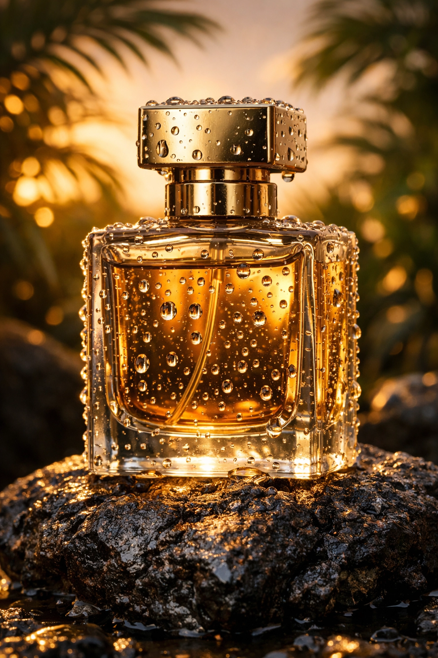 High-end product photography in Miami featuring a luxury perfume bottle in a professional lifestyle setting.