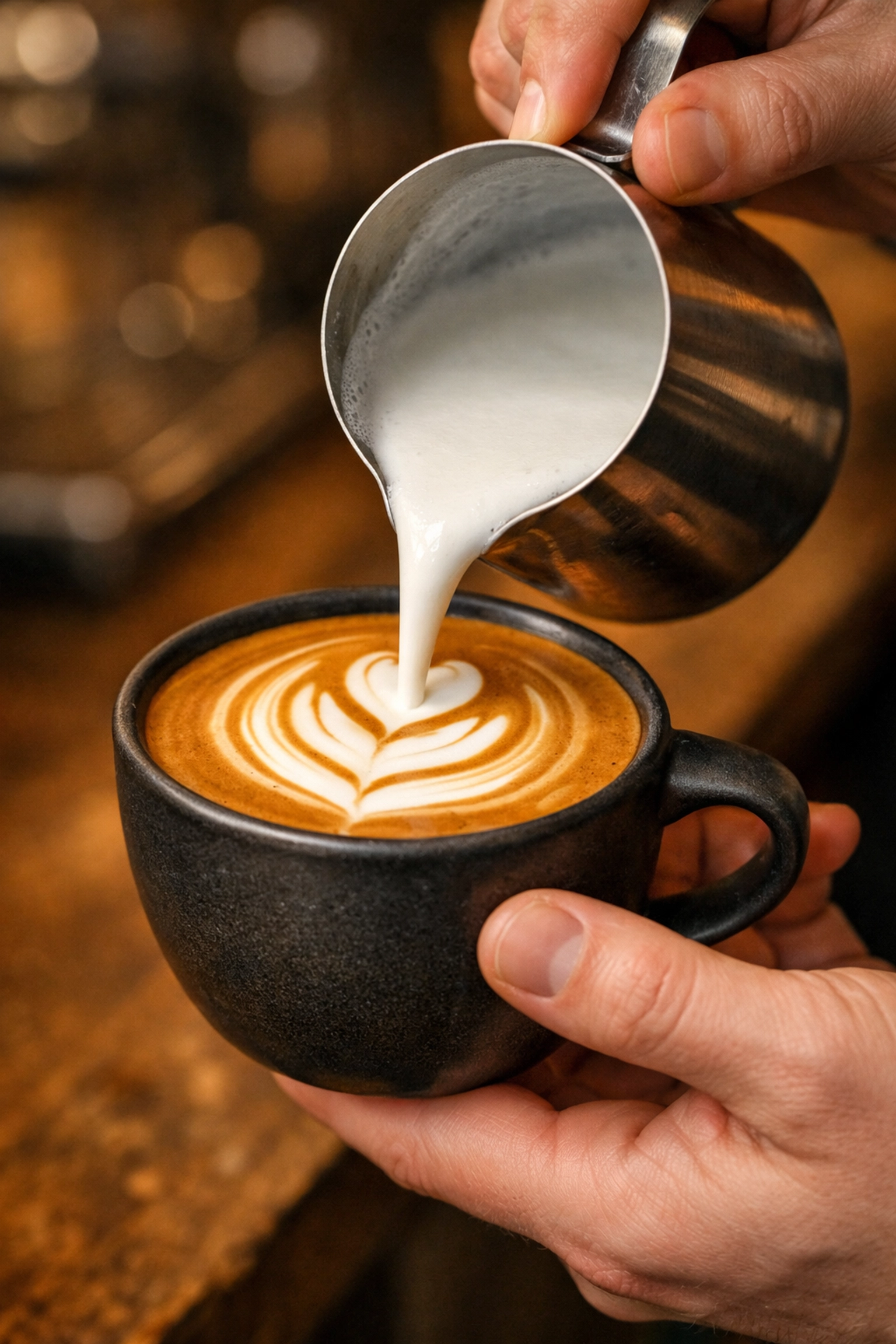 Barista pouring silky micro-foam milk to create tulip latte art, a key skill when you start up a coffee shop.